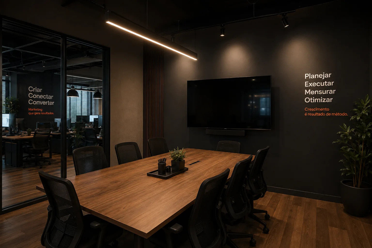 Sala de reunião da SRC Network — mesa de madeira, tela grande e o método na parede
